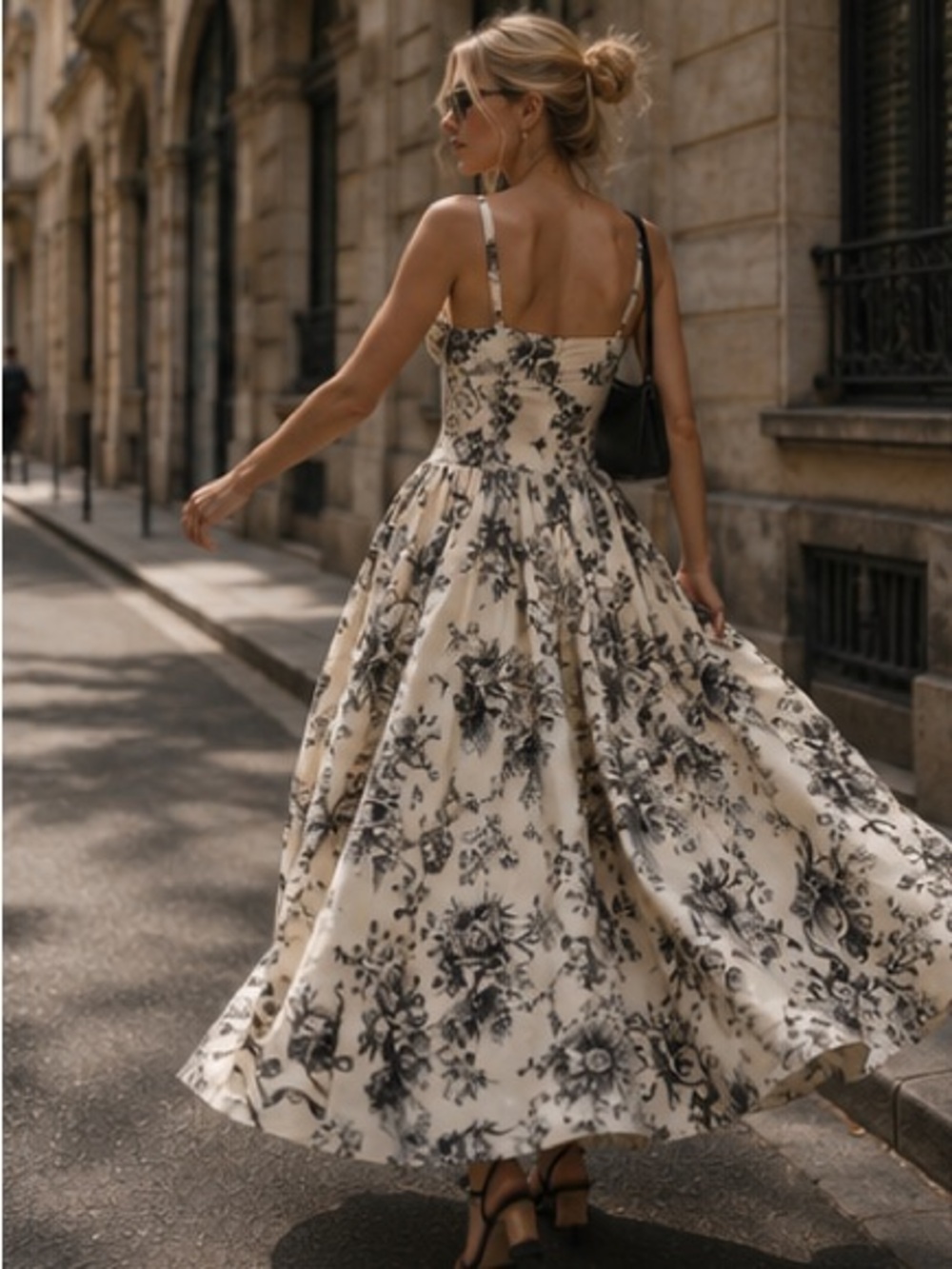 Cream Floral and bows Maxi Dress with Black Print